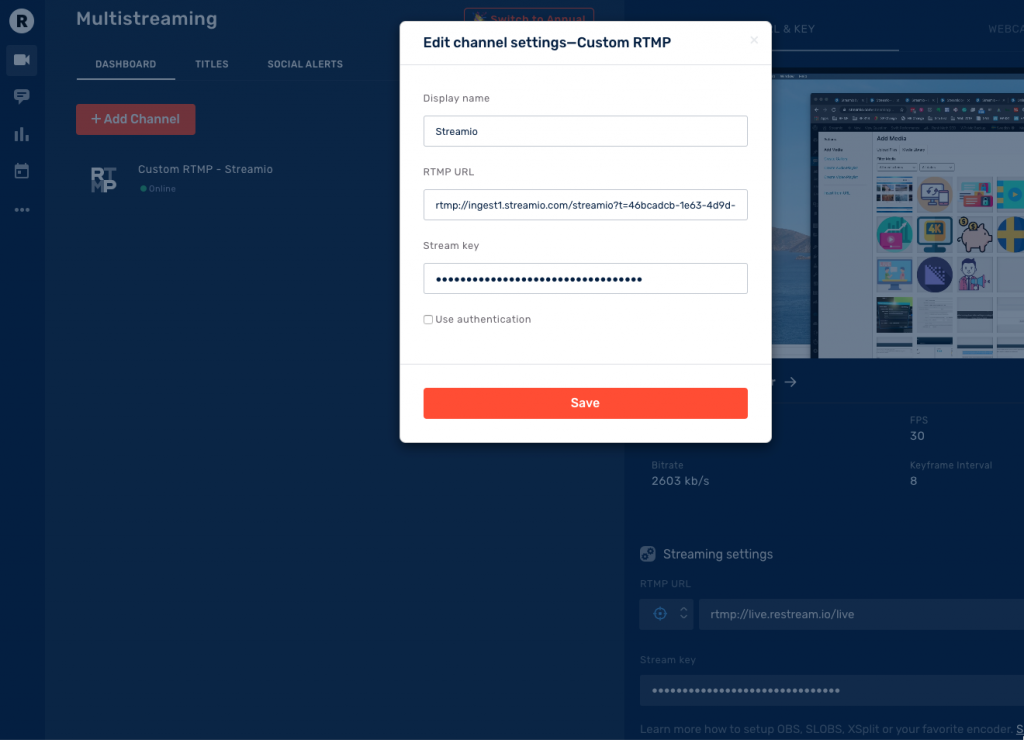 Showing settings in Restreamio to livestream using Streamio