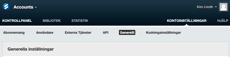 Streamio portalen - klickat påKontoinställningar och sedan valt Generellt