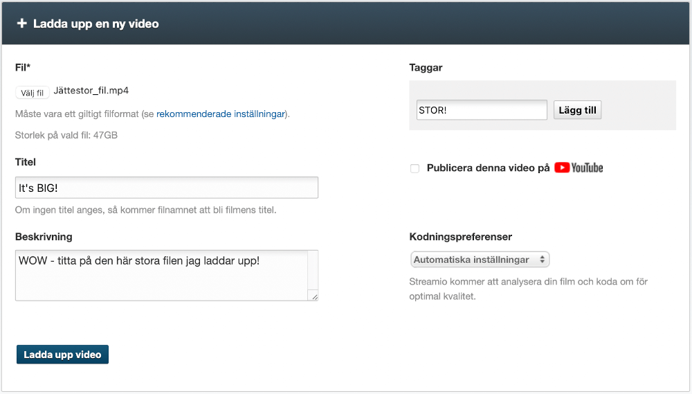 Uppladdning av stor videofil